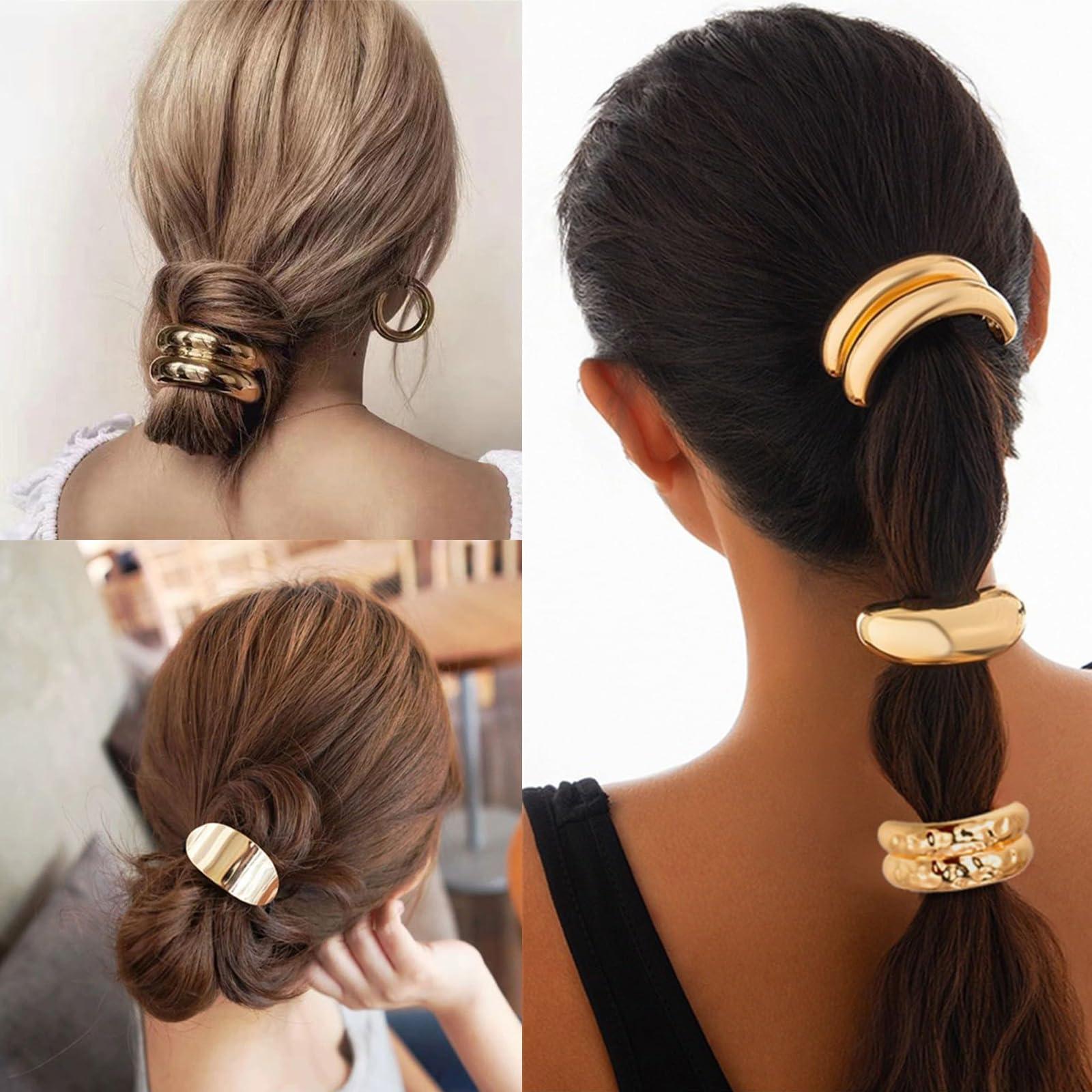 Yilotosnice Metal Hair Tie, Gold Ponytail Cuff, Gold Hair Cuffs, Gold Hair Ties, Gold Hair Tie Cuff For Thick Hair, Gold Hair Accessories For Women (4PC-A)