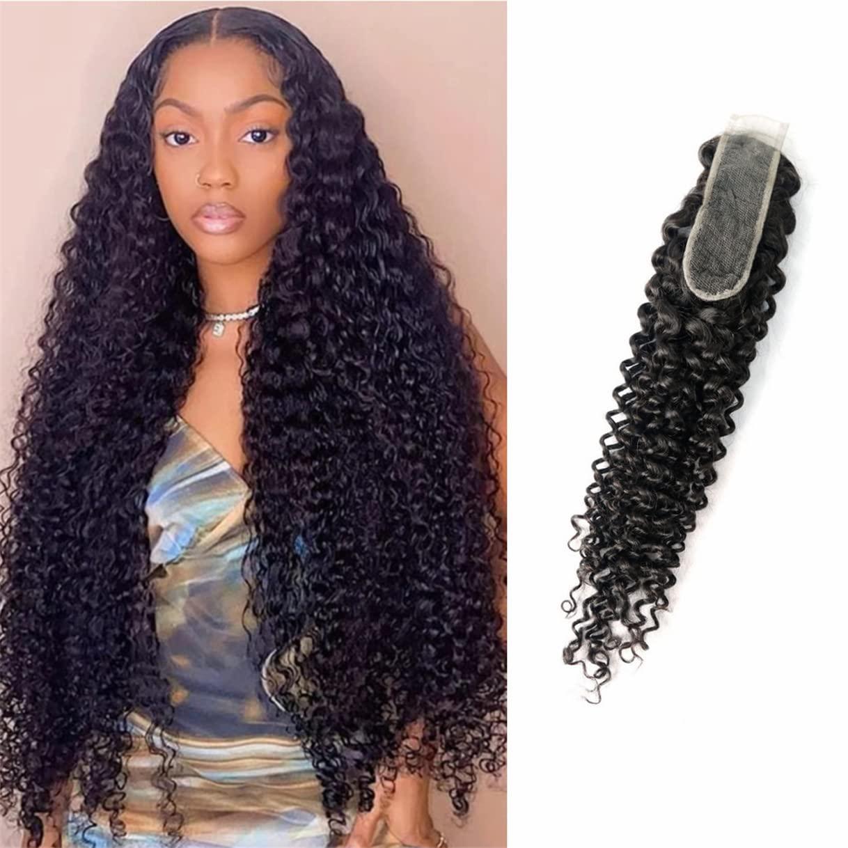 rewcoin Brazilian Curly 2x6 Lace Closure 100% Unprocessed Human Virgin Hair Deep Curly Closure Pre-Plucked Hairline Kinky Curly Closure With Baby Hair (14inch, 2x6 curly closure)
