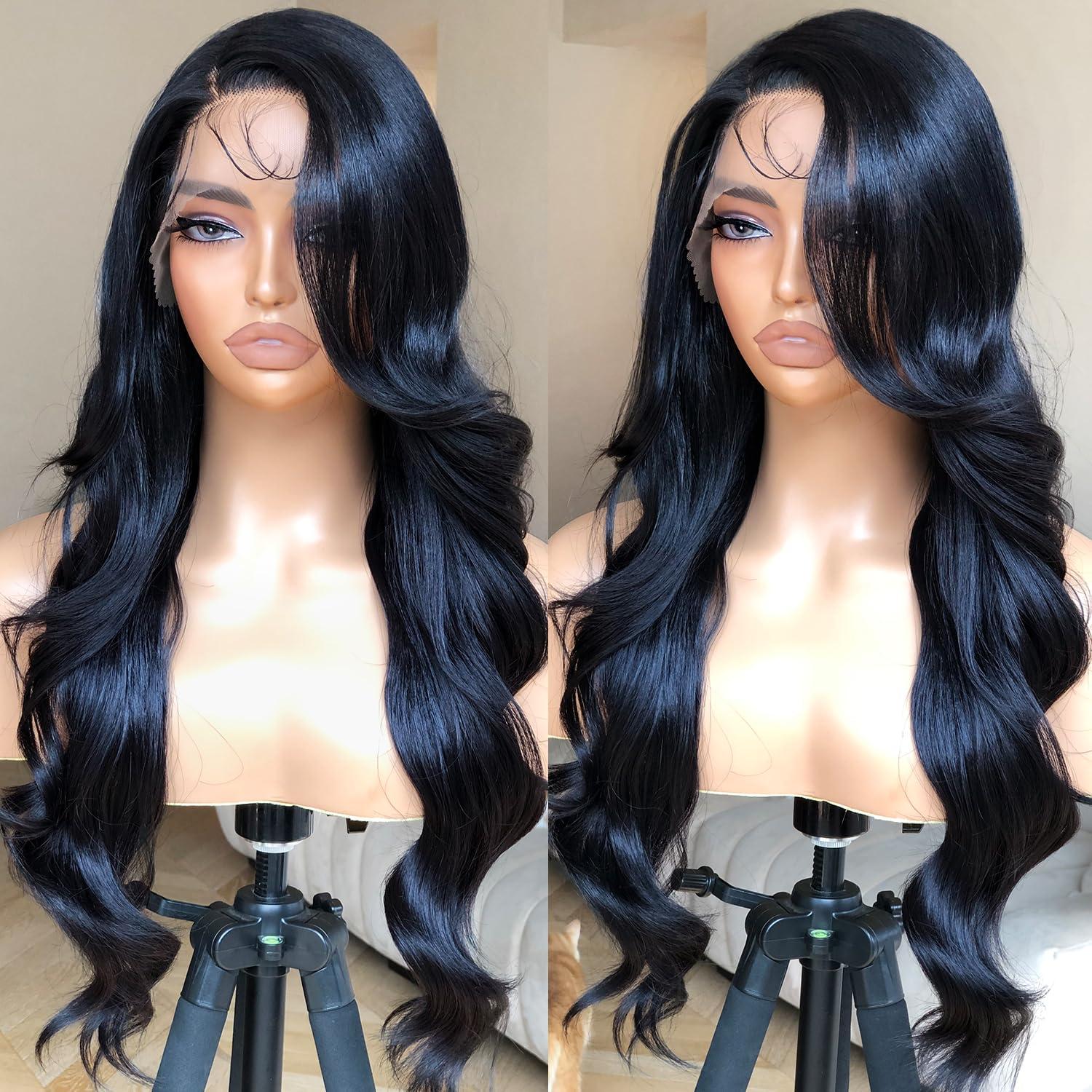 BrownBomb BrownBomb Bombshell Body Wave Wig, Synthetic Lace Front Wig Pre Plucked Glueless Ready to Wear, 13X5X1 Side Part HD Lace Wigs for Women 24inch, 1B Jet Black Wig Human Hair Luster