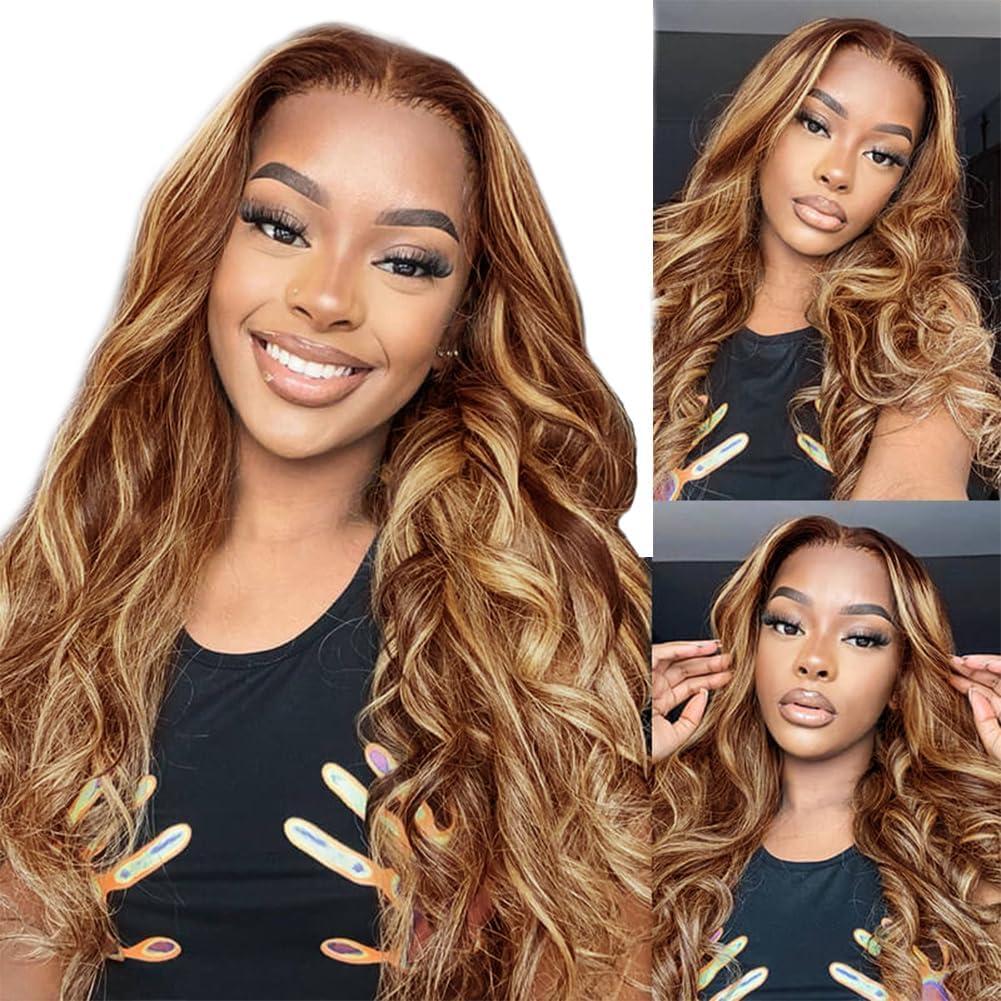 Lantianlvye 18 Inches Ombre Brown Body Wave Lace Front Wigs Highlight #27/30 Human Hair Pre Plucked Glueless Wig 150% Density 13x4 HD Transparent Frontal Wigs Lace Front Wigs for Black Women