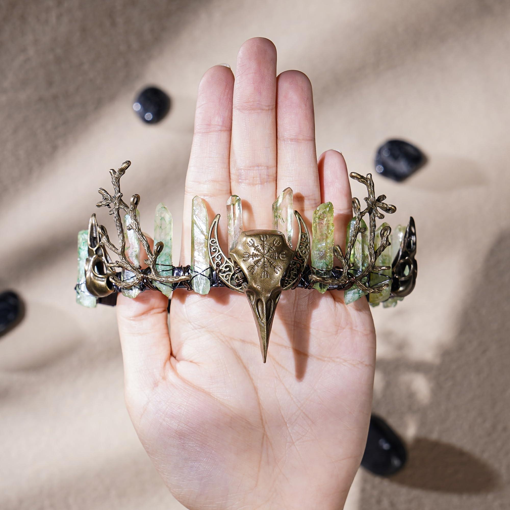 CoTeeZa CoTeeZa Green Fairy Crystal Crown - Handmade Raw Quartz Tiara with Bronze Crow Branch Moon Elf Headpiece Fantasy Forest Witch Crown Wedding Renaissance Halloween Cosplay Woodland Headband