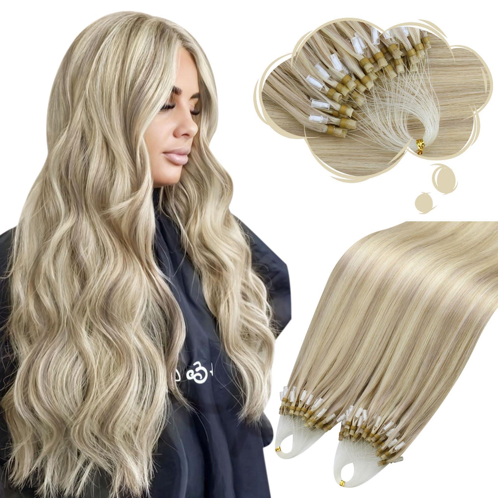 Moresoo Moresoo Micro Bead Hair Extensions Real Human Hair Ash Blonde Highlight Bleach Blonde Micro Link Hair Extensions Human Hair Blonde 16 Inch Micro Loop Hair Extensions Human Hair 50G/50S