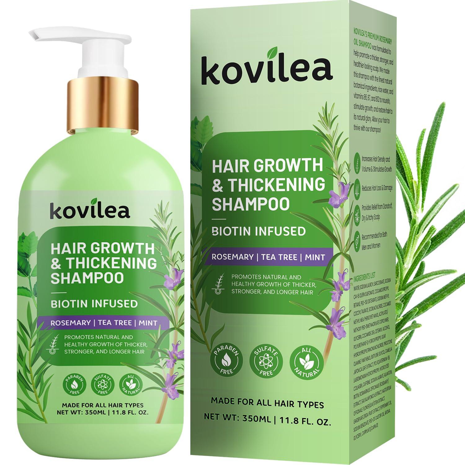 Kovilea Rosemary & Biotin Hair Growth Shampoo for Women & Men, Natural Thickening & Regrowth Formula, Tea Tree Mint Strengthening Shampoo with Castor Oil - For Thinning Hair, Hair Loss, All Hair Types 10.1 Oz
