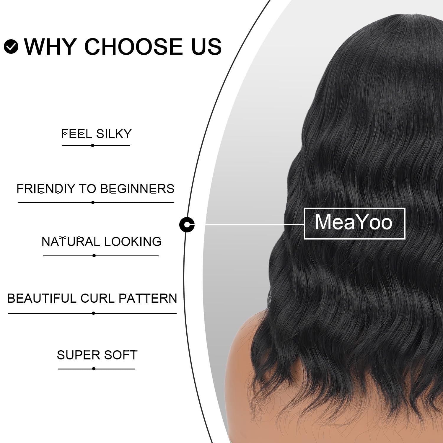 MeaYOO MeaYOO Short Wavy Black Wig for Women, Soft Wavy Wig with Lace, Shoulder Length Middle Part Curly Wavy Bob Wig, Natural Looking Synthetic Heat Resistant Fiber Wig for Daily Party Use 14 Inch