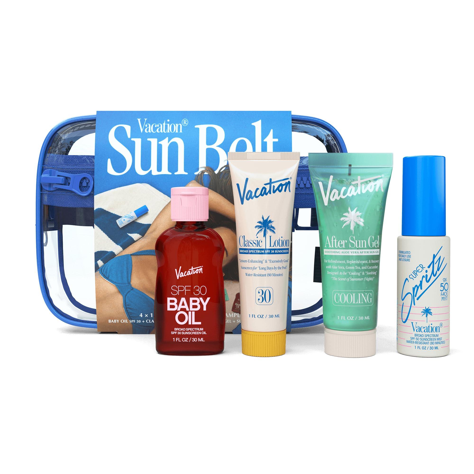 VACATION Vacation Sun Belt Sampler, Includes Baby Oil SPF 30 (1 Fl. Oz.), Super Spritz SPF 50 Face Mist (1 Fl. Oz.), Classic Lotion SPF 30 (1 Fl. Oz.), After Sun Gel (1 Fl. Oz.),Festival Friendly Fanny Pack