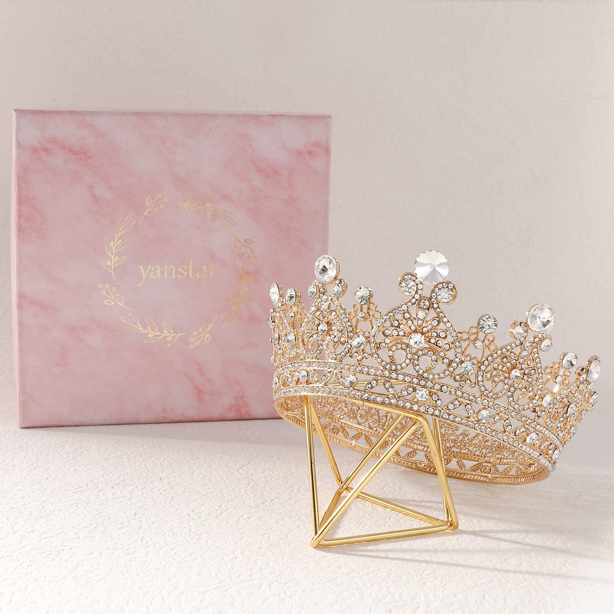 yanstar Gold Queen Crown for Women, Girls Birthday Crown Cake Topper, Crystal Rhinestones Tiaras and Crowns for Bride Wedding Prom Bridal Party Halloween Valentines Costume