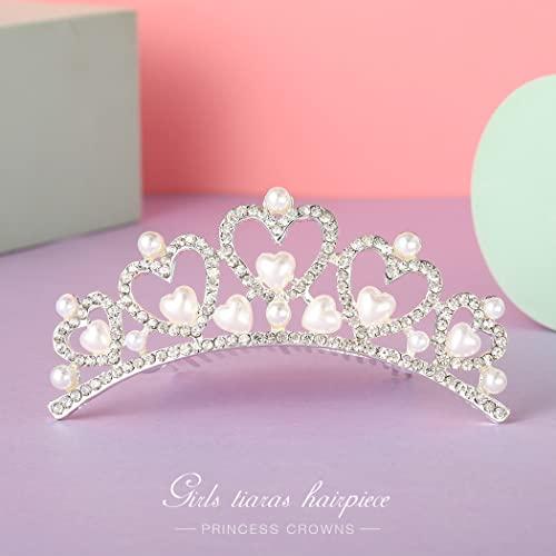 Kilshye Kilshye Princess Tiara Comb Pearl Heart Crown Combs Silver Rhinestones Hair Piece Bride Costume Hair Accessories for Women and Girls