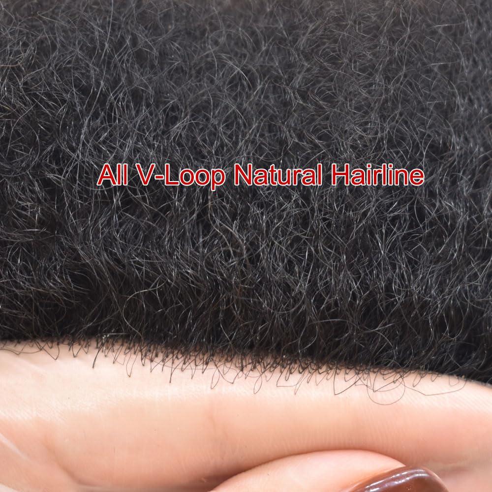 RESHE Afro Toupee For Black Men Ultra Thin Skin Hairpieces African American Men Hair Units For Mens Toupee V-Looped Human Hair Replacement System Male Hair Prosthesis 0.06mm 8X10-1# JET BLACK-14mm wave