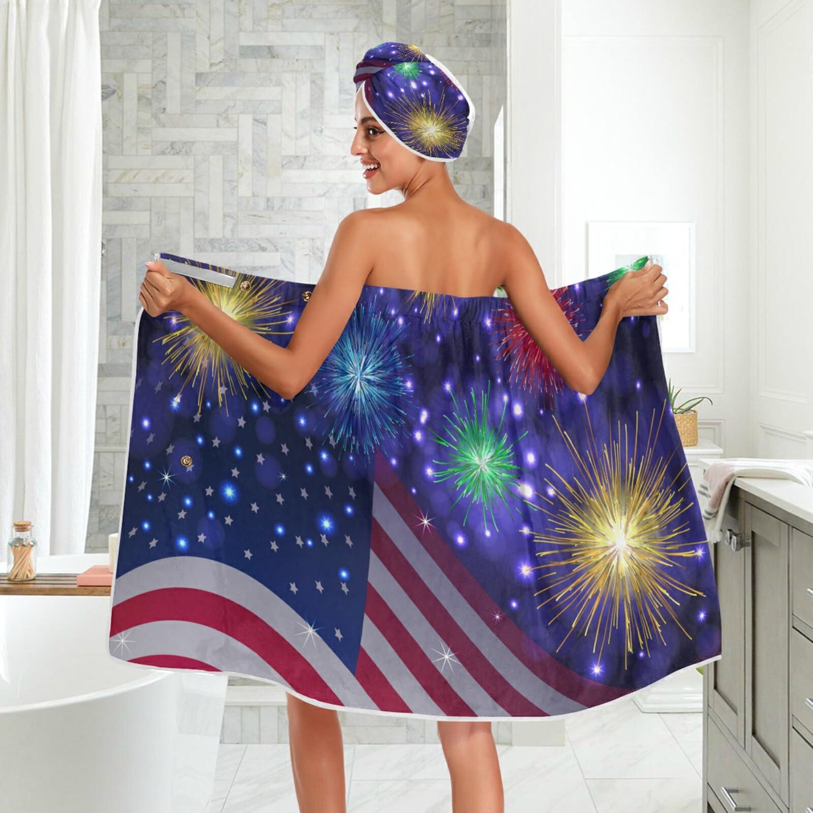Poeticcity Poeticcity American Flag Shiny Sparkling Fireworks Independence Day July 4thWomen Bath Body Wrap, Absorbent Spa Towel Robe, Bathrobe Set of 3 with 1 Shower Wrap 1 Headband 1 Hair Towel Wrap