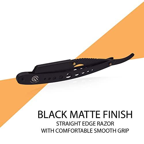 QURESHI KNIFES QURESHI KNIFES Stainless Steel Men Straight Edge Razor - Professional Barber Razor for Men - Includes 100 Blades - Men Straight Razor for Beard - Straight Single Edge Razor for Barber Equipment (Black