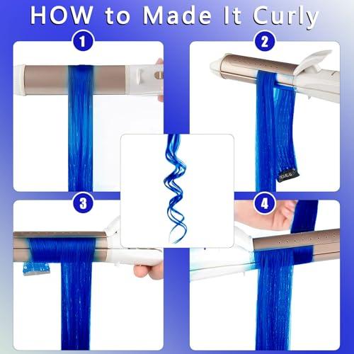 Olldag 12 PCS Blue Hair Extensions Clip in, 20 Inch Colored Hair Extensions Party Highlights Long Straight Synthetic Hairpieces for Women Kids Girls