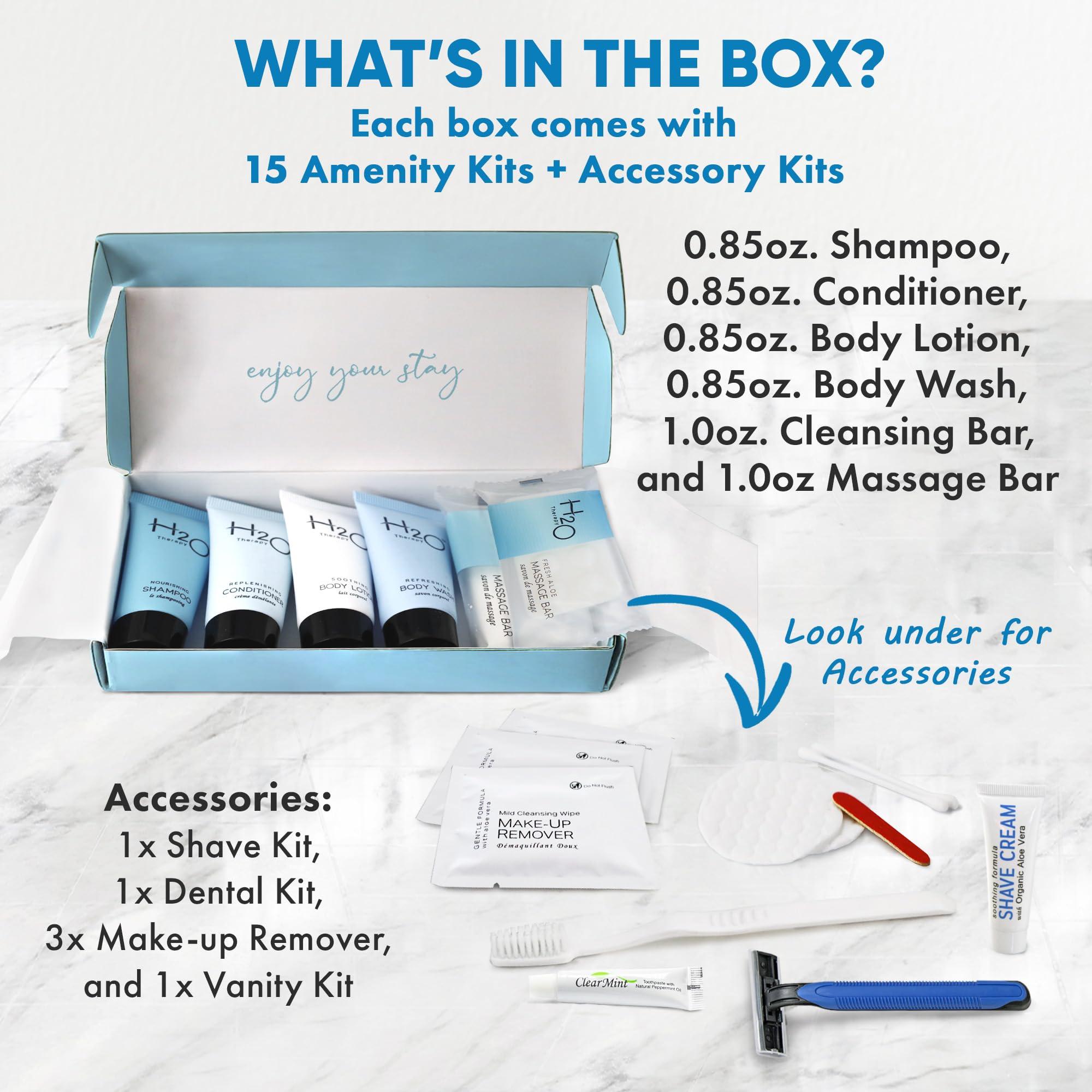 H2O Therapy H2O Therapy Amenity & Accessory Kit | 0.85 oz Travel Size Shampoo, Conditioner, Lotion, Body Wash, Massage Bar, Cleansing Bar, Shave & Dental Sets, Make-Up Remover Wipes, & Vanity Kit | 15 sets/case