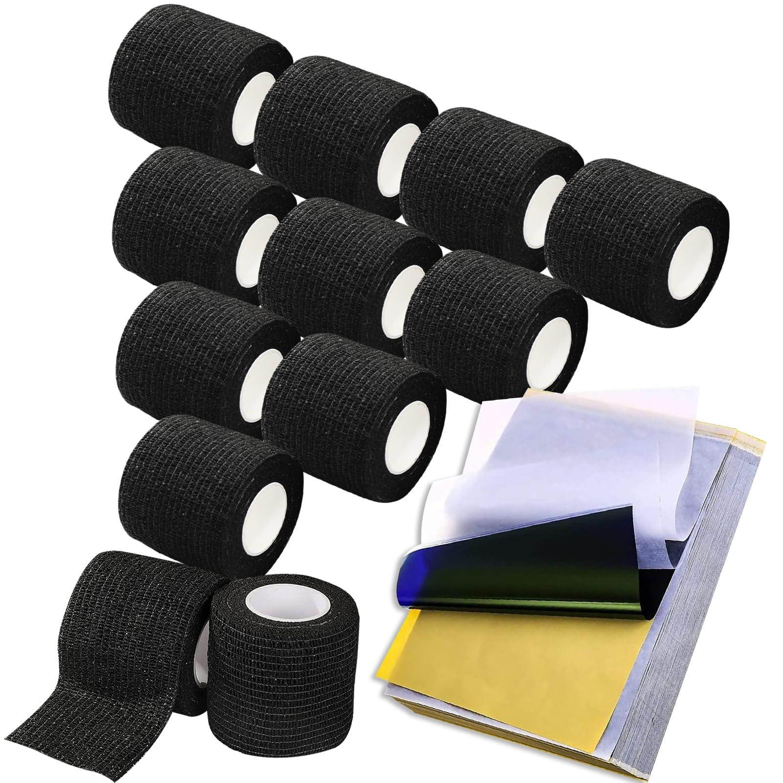 Jconly Jconly Tattoo Grip Tape and Transfer Paper Kit - 49Pcs Tattoo Tape Stencil Paper Kit Includes 25Pcs Stencils Paper and 24Pcs Black Cohesive Self Adhesive Bandage Wrap