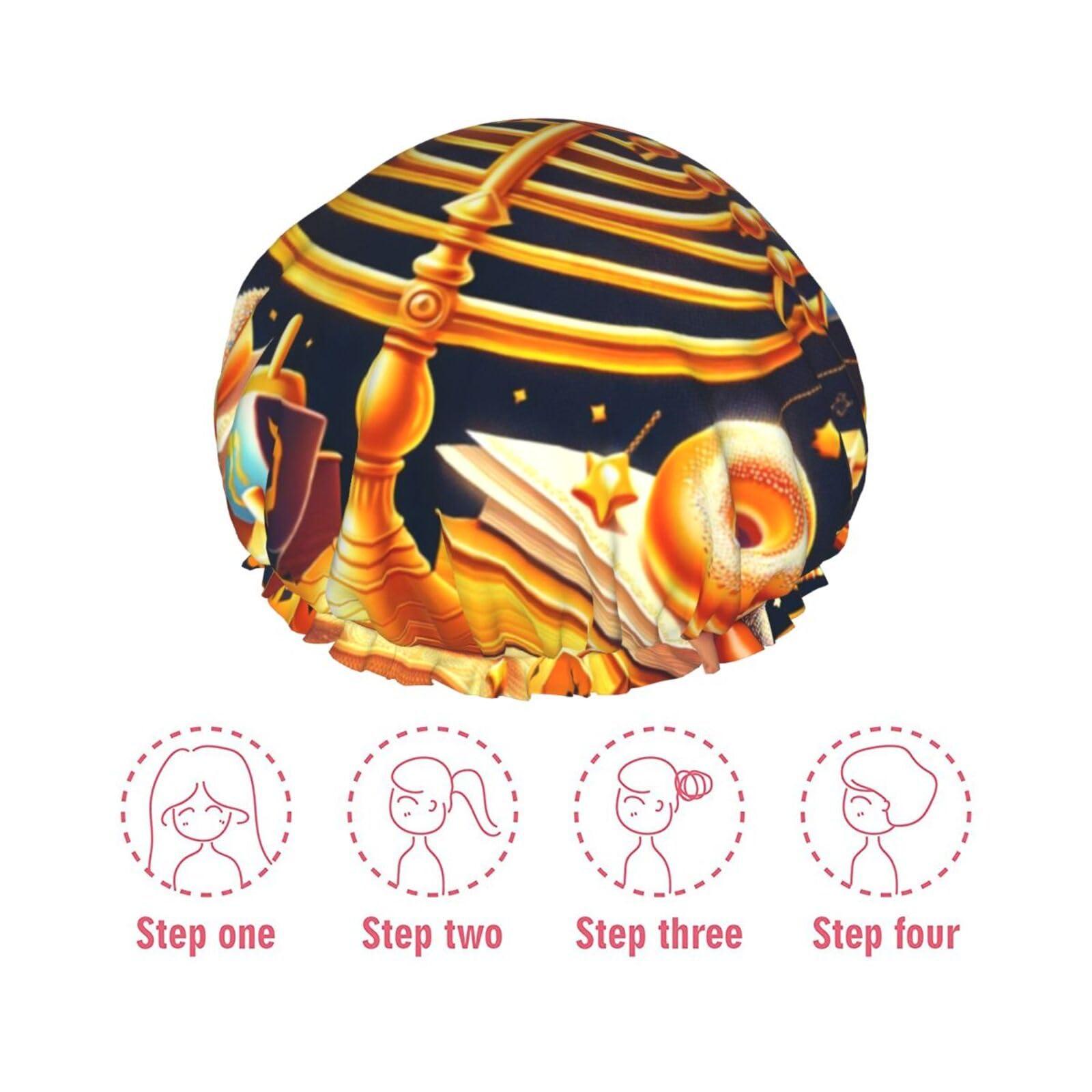 Augenstern Women Reusable Shower Cap Happy-Hanukkah-Jewish-Menorah Double Layers Waterproof Elastic Band Bath Hair Hat Stretch Hem Hair Hat