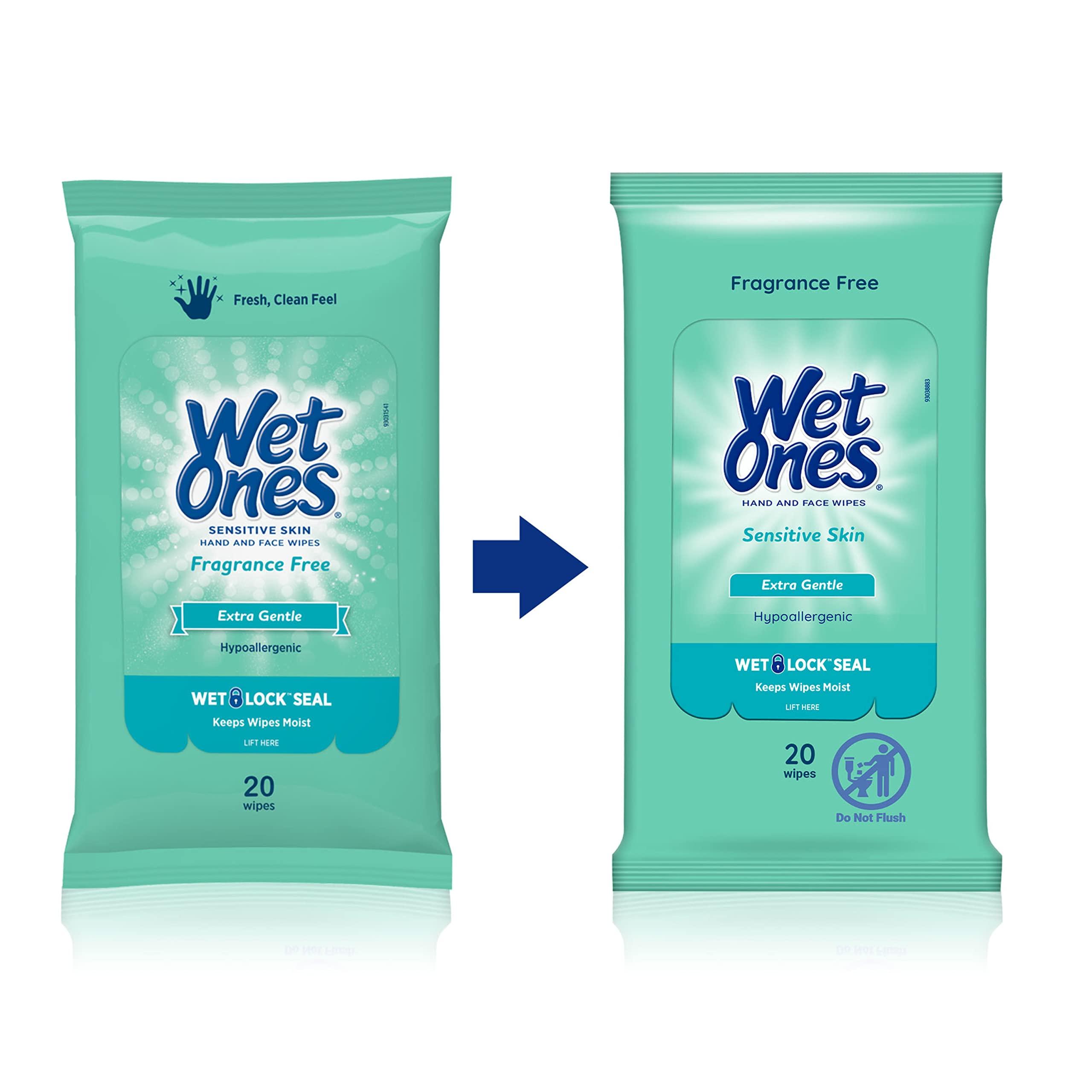 Wet Ones Wet Ones Unscented Face and Hand Wipes, Individually Wrapped - 24 Count (Pack of 6) & Hand Wipes for Sensitive Skin | Wipes Case for Hand and Face| 20 ct. Travel Size (10 pack)