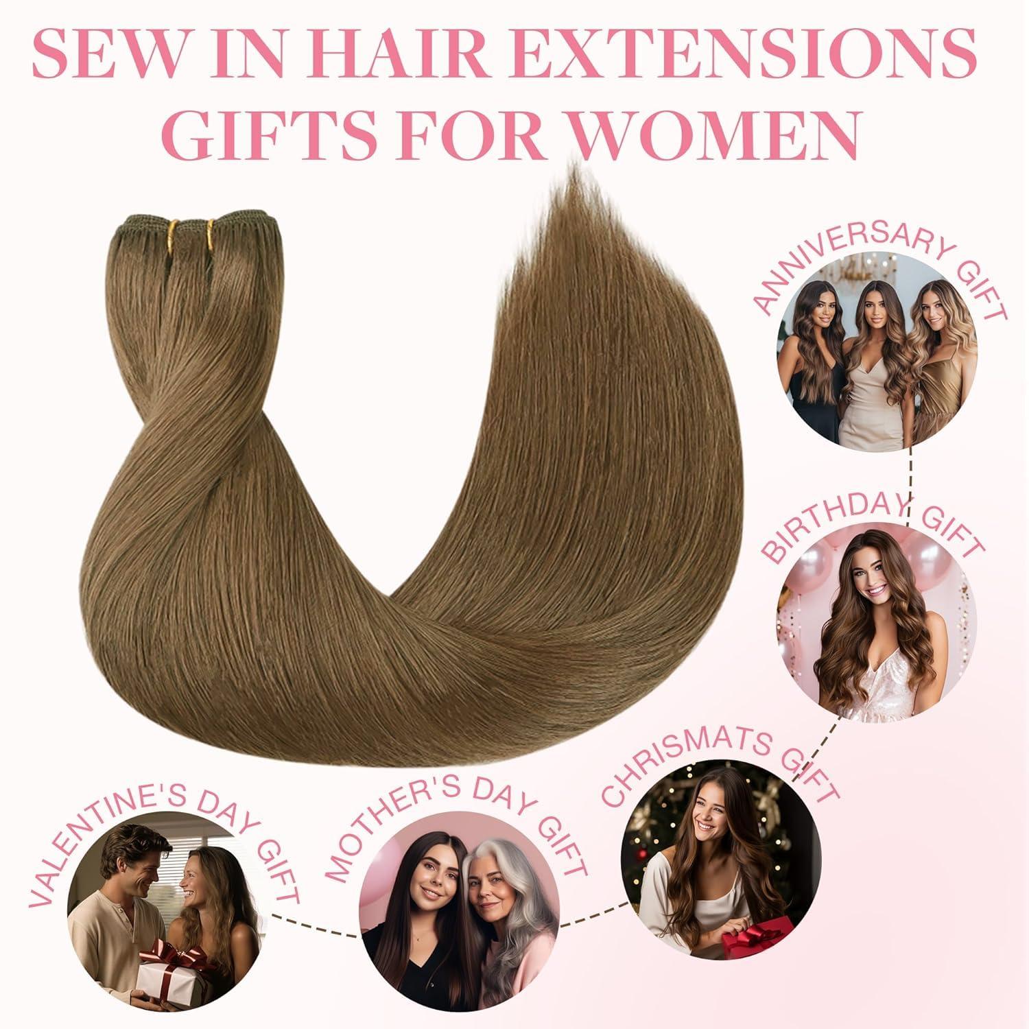 GOO GOO GOO GOO Sew in Hair Extensions Real Human Hair, Weft Hair Extensions Human Hair, 5 Light Ash Brown 22 Inch-110g, Weft Bundles Straight Silky Remy Hair