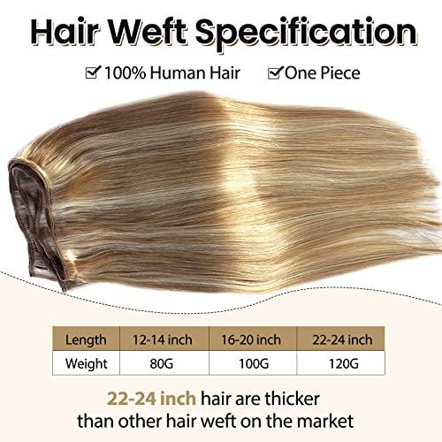 Benafee Hand Tied Weft Hair Extensions Human Hair Bundles Caramel Blonde to Bleach Blonde Sew in Hair Bundles Invisible Beaded Weft Extensions Human Hair Extensions Sew in Human Hair Weave Bundles 12” Thick