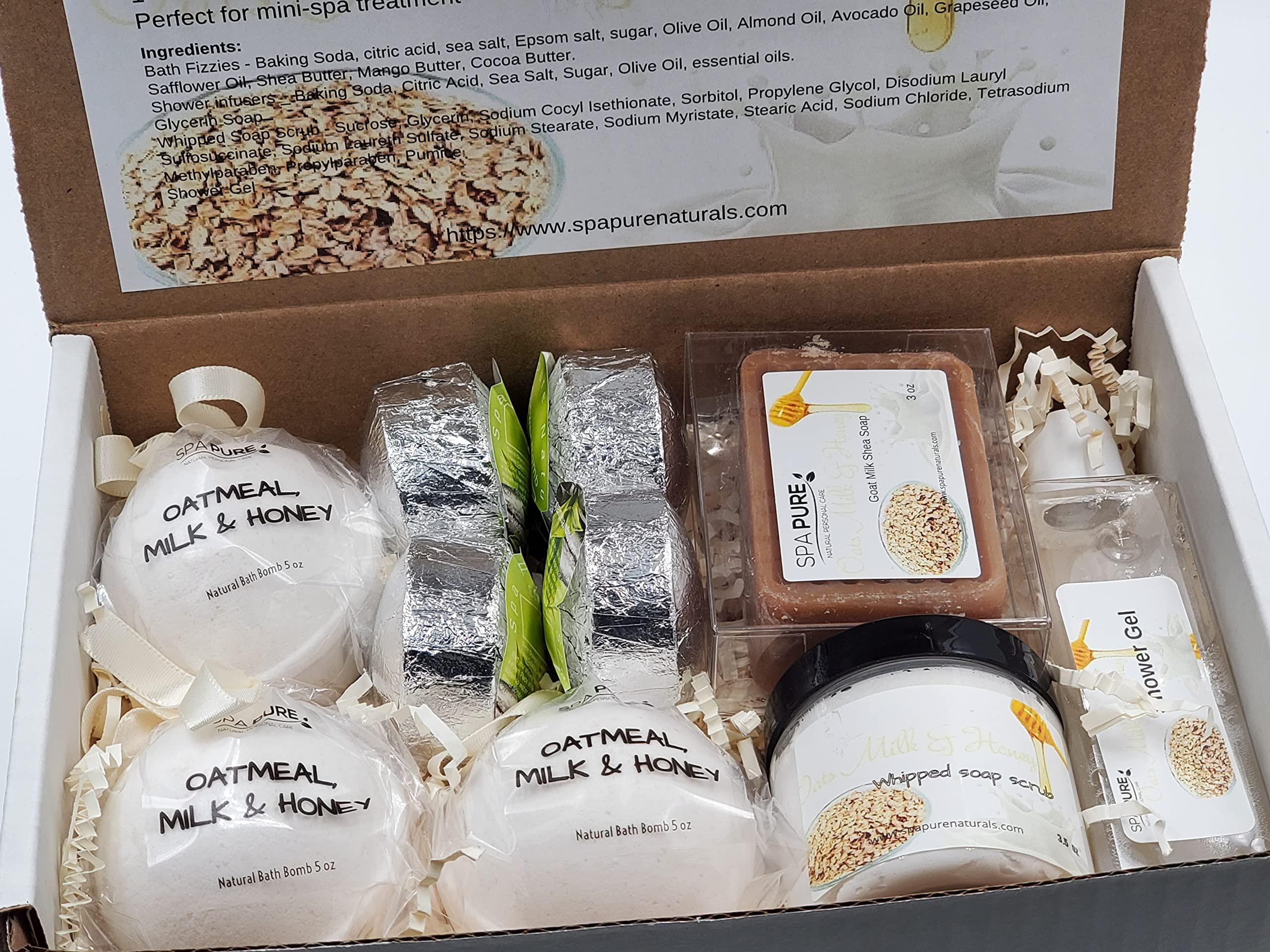 Spa Pure Spa Pure Luxury Spa Kit - 3 XL Bath Fizzies, 2 XL Shower Steamers, 3.5 oz Whipped Soap Scrub, Goat Milk Soap, Shower Gel (Oatmeal Milk & Honey)