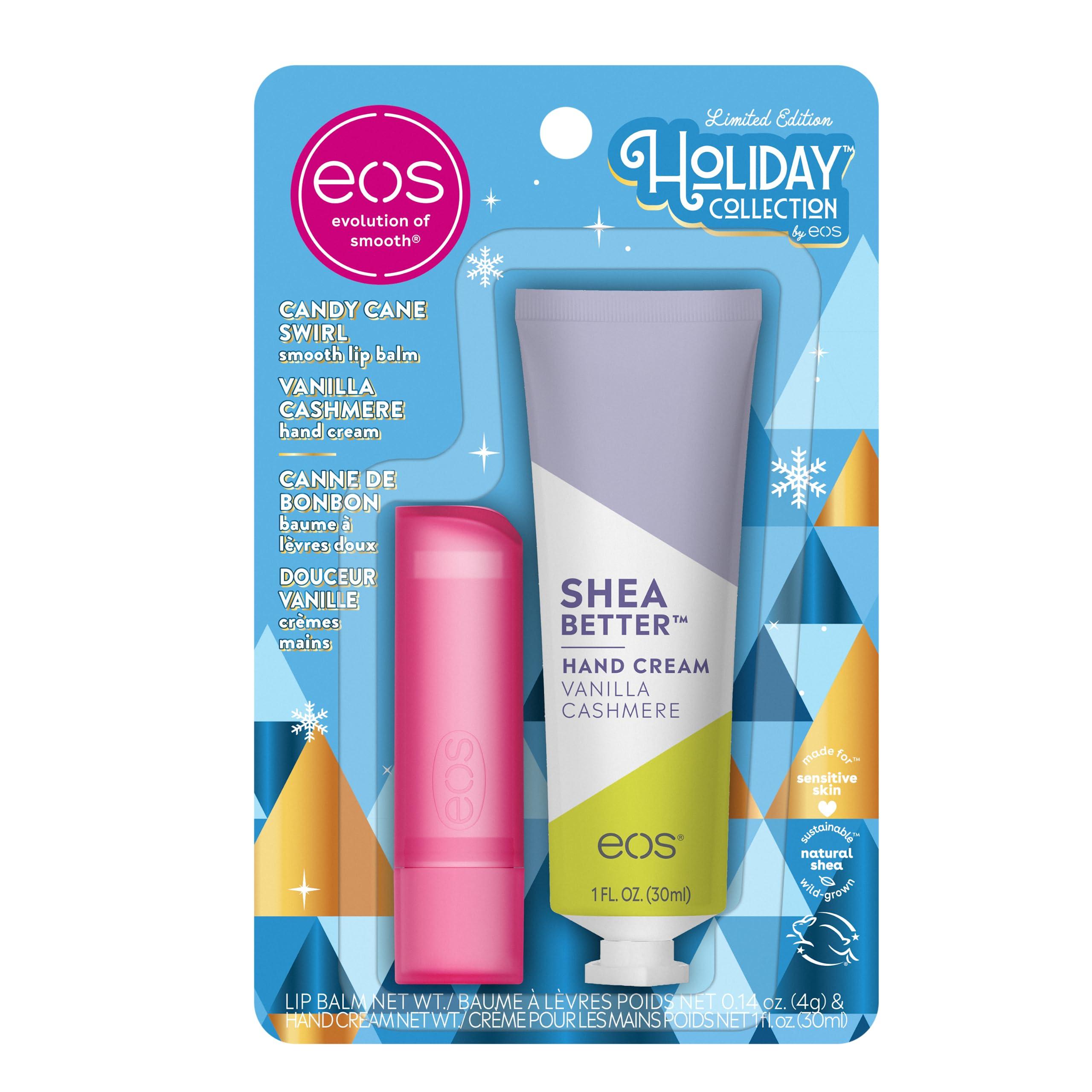 eos eos Holiday Skin Care Set- Vanilla Cashmere Travel Hand Cream & Candy Cane Swirl Lip Balm, Stocking Stuffers, 1 fl oz Hand Cream + 0.14 oz Lip Balm, 2-Pack