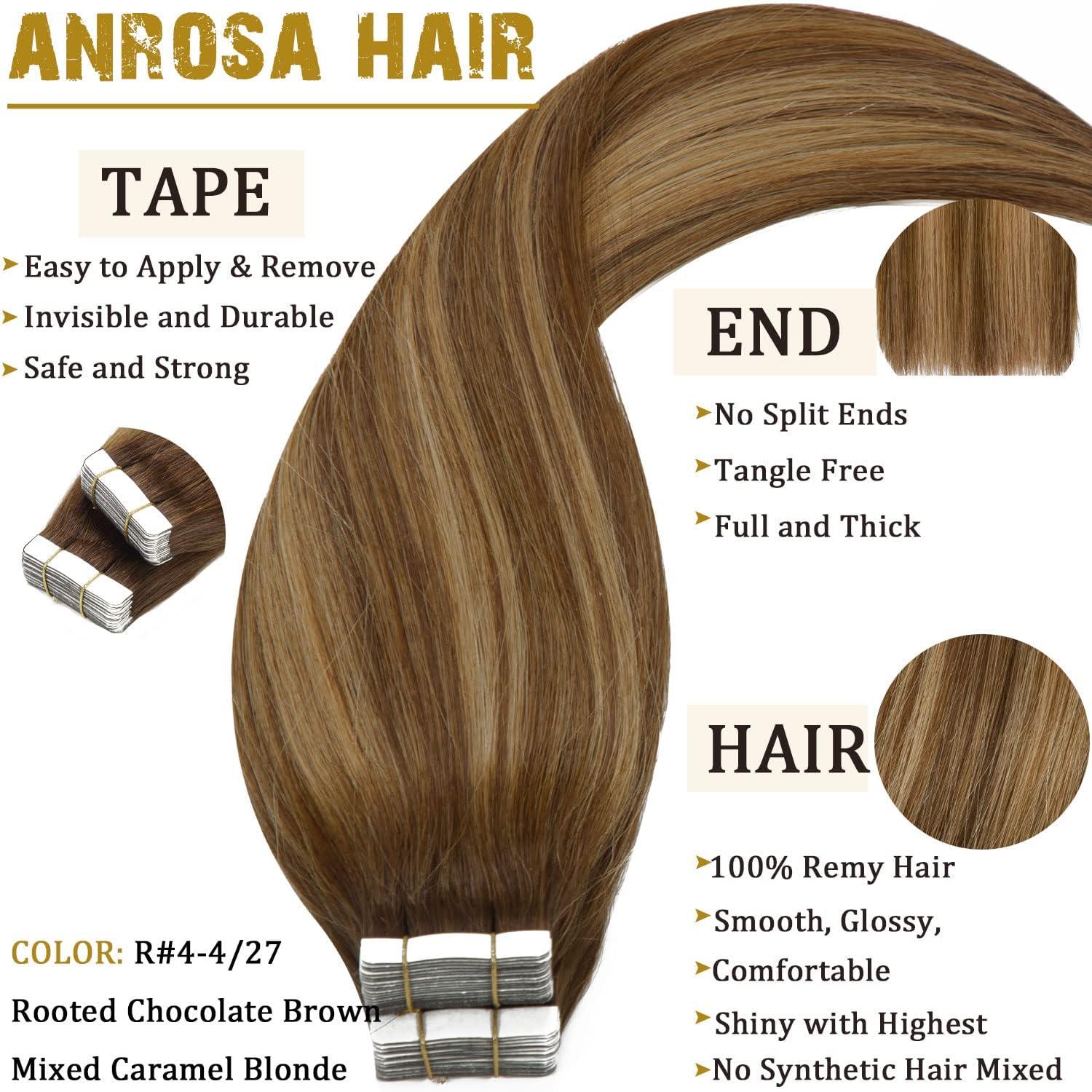 Anrosa Brown Tape in Hair Extensions Human Hair Skin Weft Natural Real Hair Extensions Human Hair Chocolate Brown to Caramel Blonde with Brown Roots Tape ins Human Hair Extensions 18 Inch 100g R4-4/27