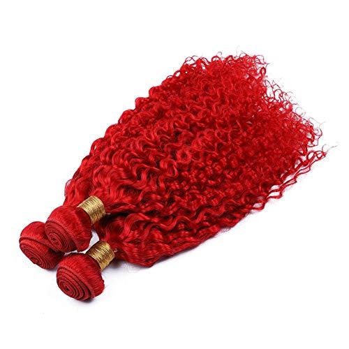 Generic Bright Red Deep Wave Human Hair Weave Bundles Red Color Brazilian Wavy Human Hair Extensions Pure Red Deep Wave Curly Virgin Hair 3 Bundle Deals Mixed Length (10 10 10)