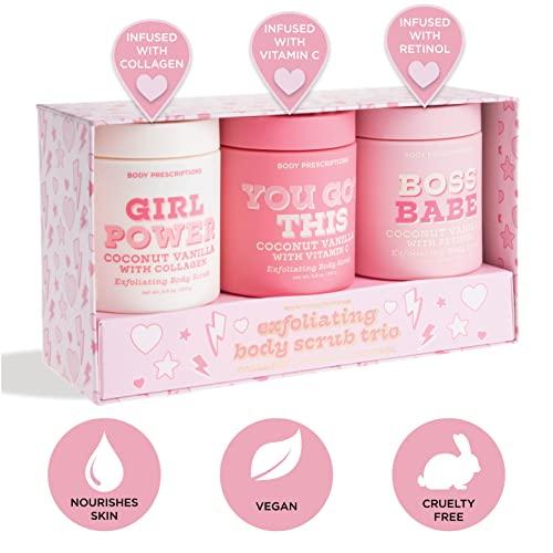 Body Prescriptions Exfoliating Body Scrub 3 Pack Minis, Daily Body Wash Infused with Collagen, Vitamin C, and Retinol 8.82 oz | Body Prescriptions