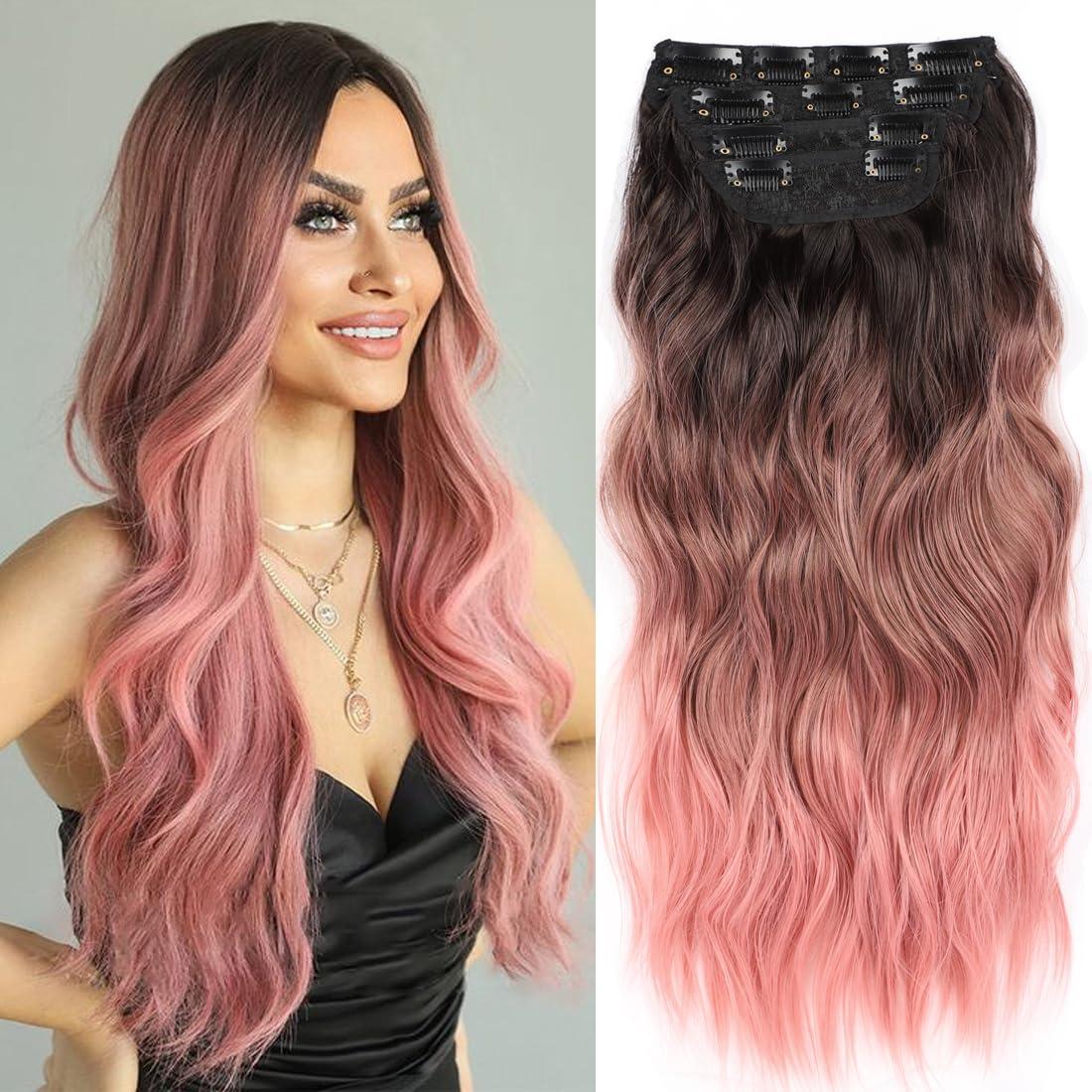 Perience Clip in Hair Extensions Synthetic Wavy Hair Extensions Clip in 20 inch Thick Pink Hair Extensions Clip Double Weft Hair Extension for Women (20INCH, PINK)