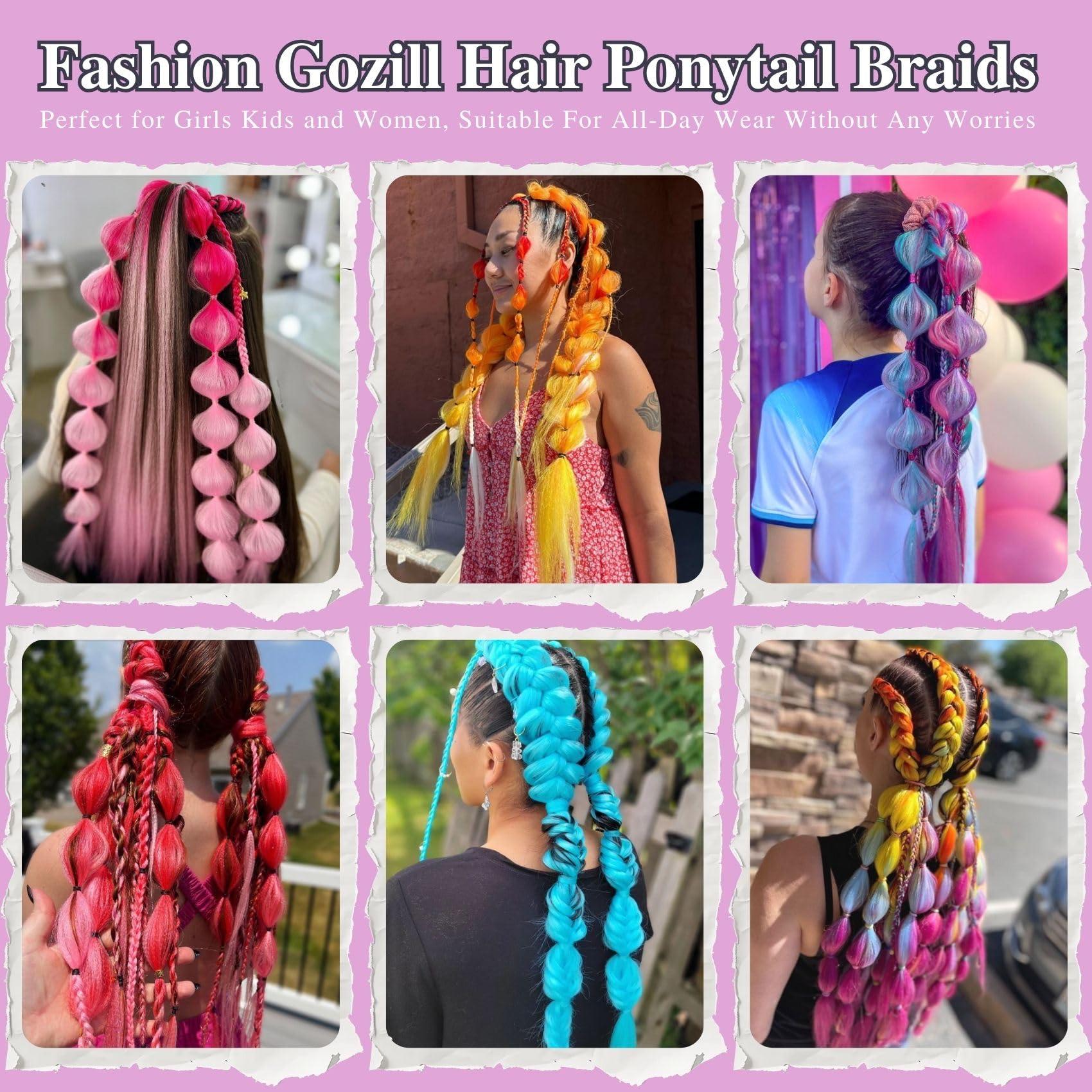 Gozill Rainbow Hair Extensions for Rave Box Braids Straight Synthetic Braid Ponytail Extensions with Elastic Tie for Party Festival (26Inch, Pack of 2)