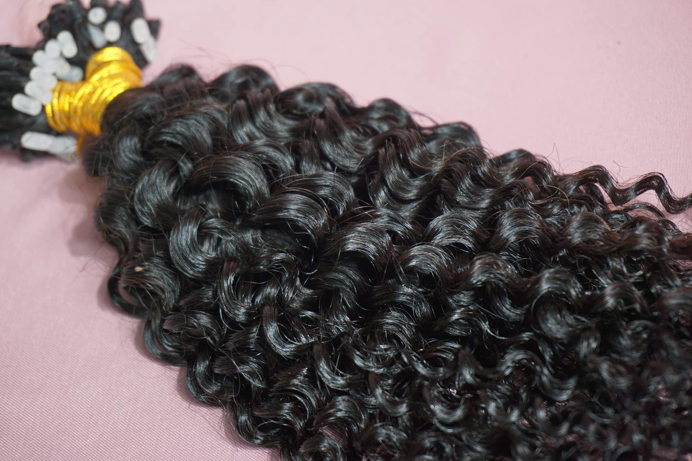 LANMINGO 50 Strands 1# Jet Black Micro Ring Link Human Hair Extensions afro CURLY Fusion Stick Micro Loop Kinky Curly remy human Hair extensions for black women