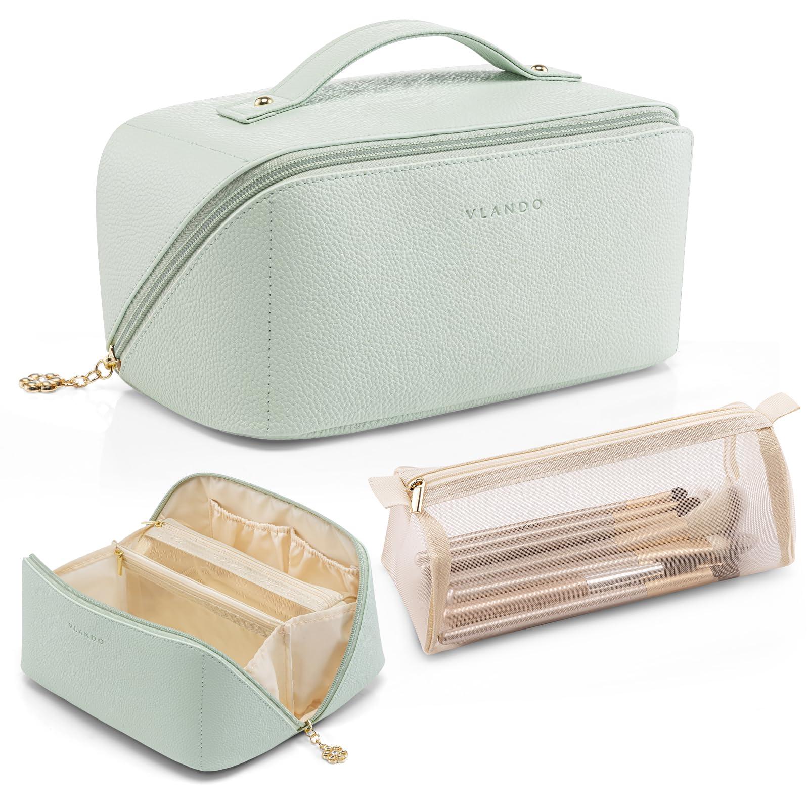 Vlando Vlando Makeup Bag,Travel Makeup Bag Waterproof Portable Cosmetic Bag PU Leather Open Flat Make up Organizer for Toiletries,Makeup Brushes Bag for Teen Girls Women(Mint Green)