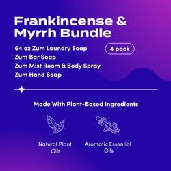 Zum Zum Indigo Wild Home Essentials - Laundry Soap (64 oz) - Liquid Hand Soap (12 fl oz) - Room Spray Air Freshener (4 fl oz) - Goat Milk Soap Bar (3 oz) - Frankincense & Myrrh Scent