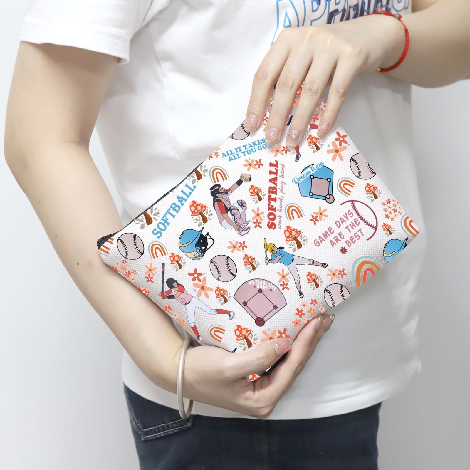 MNIGIU Softball Player Gift Softball Cosmetic Bag Softball Lover Gift Softball Coach Gift Softball Mom Gift (Work hard play hard Bag)