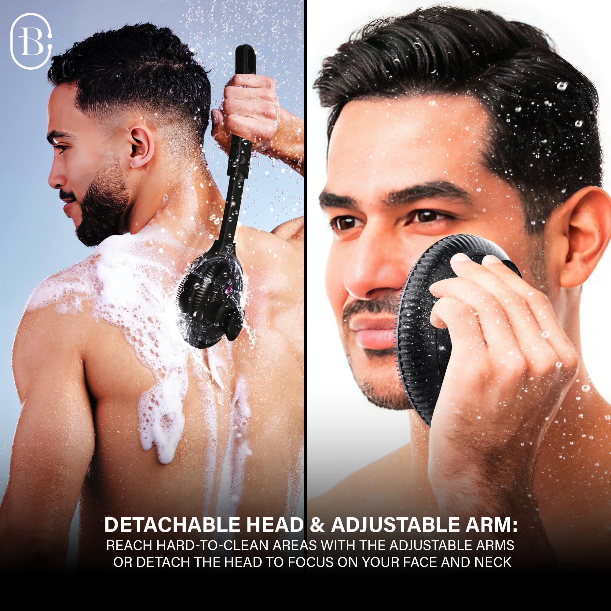 Bella Ciao Bella Ciao Body & Face Electric Vibrating Shower Scrubber, 4 Vibrating Modes, Extendable Handle, Detachable Head Silicone Massage Brush, Waterproof (Black)