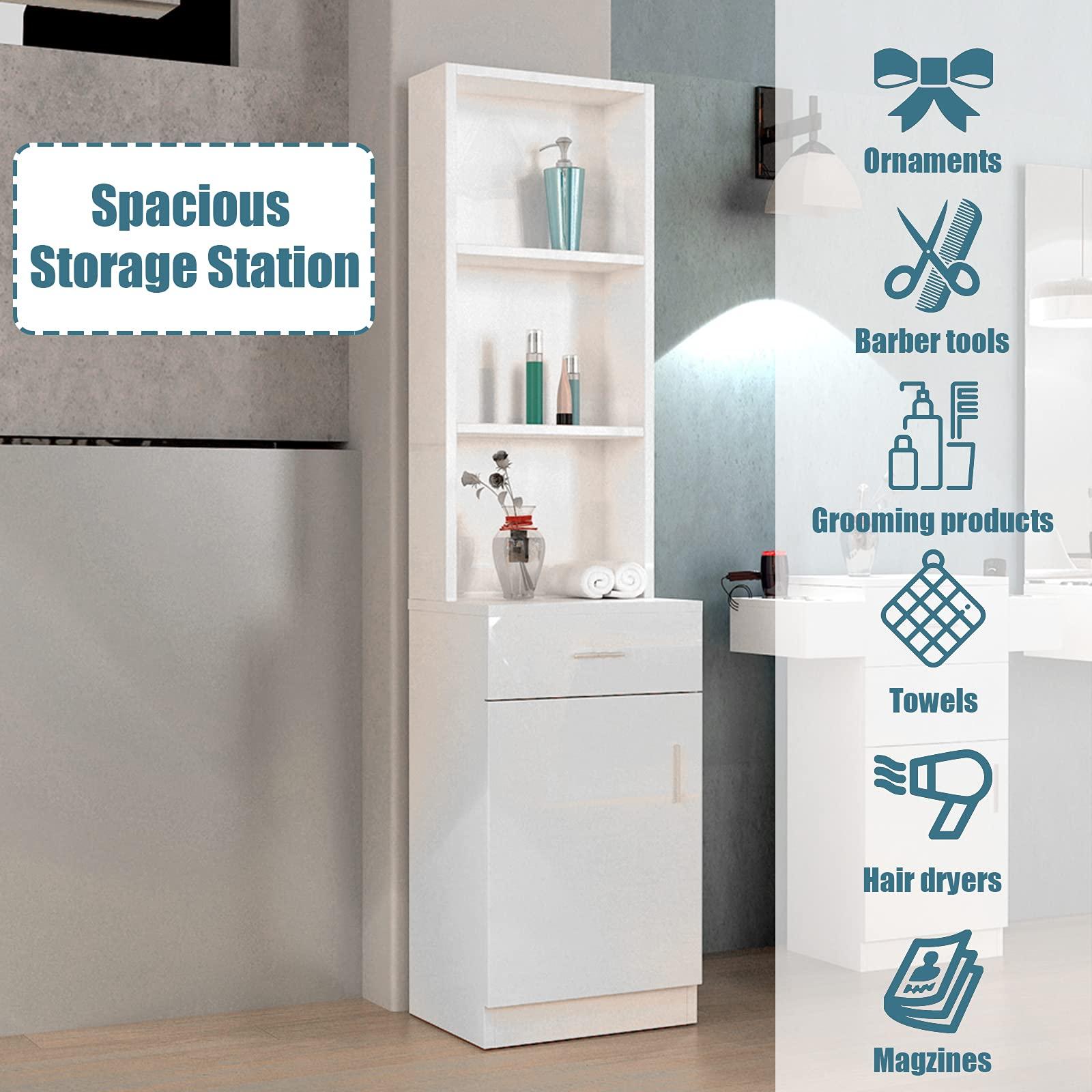 Goujxcy Barber Station for Hair Stylists, Wall-Mount Hair Station with Lockable Drawer & Space-Saving Salon Cabinet (White)