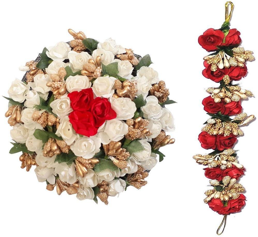 GADINFASHION GADINFASHION Full Red Juda Bun Hair Flower Gajra & Red & White Gajra Combo For Wedding & Party