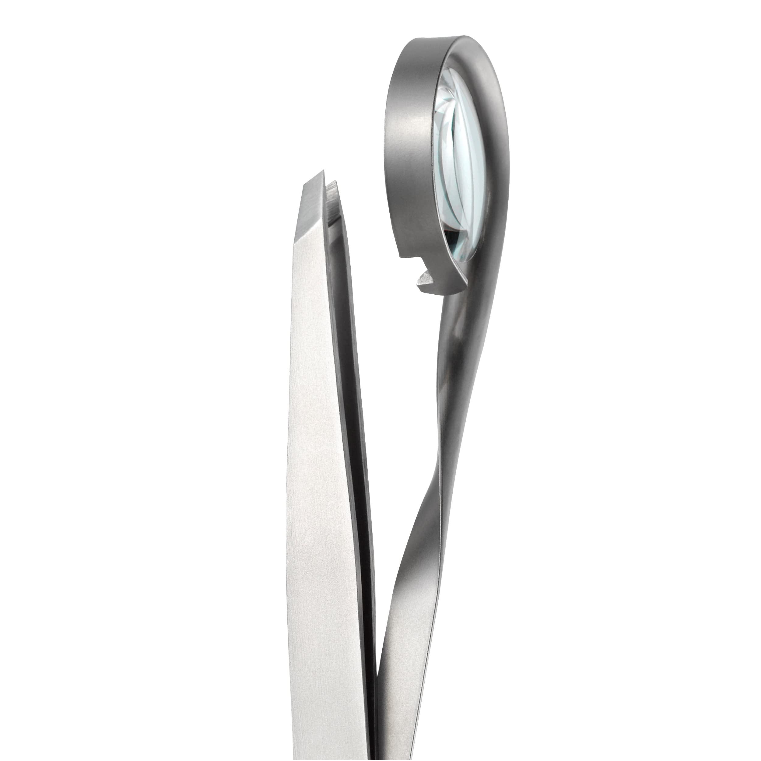Rubis Rubis Classic Stainless Steel Slanted Tweezers with 8x Magnifying Glass for Precise Eyebrows and Hair Removal, 1K120,Rubis Switzerland Swiss Made World Renowned Precision