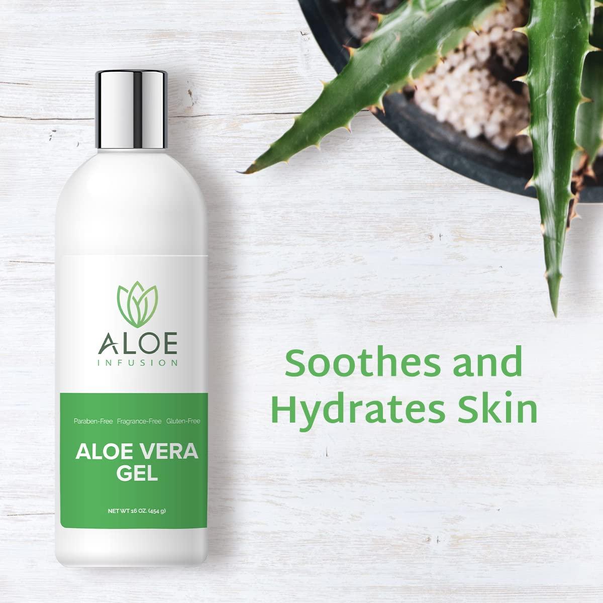 Aloe Infusion Aloe Infusion Organic Aloe Vera Gel - Deeply Hydrating, Skin Nourishing After Sun Skin Care for Face, Body and Hair - Sunburn, Redness and Itchy Skin Relief - USA-Tested - 16 Oz