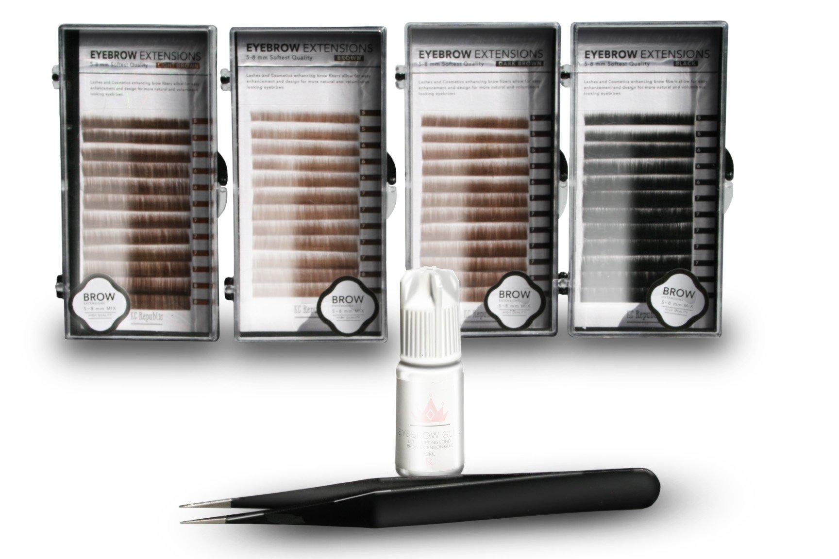 KC Republic KC Republic Eyebrow Extensions Kit with 4 Trays of Mink Eyebrows in Blonde/Light Brown, Brown, Dark Brown, Black, Comes on Mixed Length Trays 5-8 Mm Mix, Eyebrow Extension Glue & Extension Tweezers