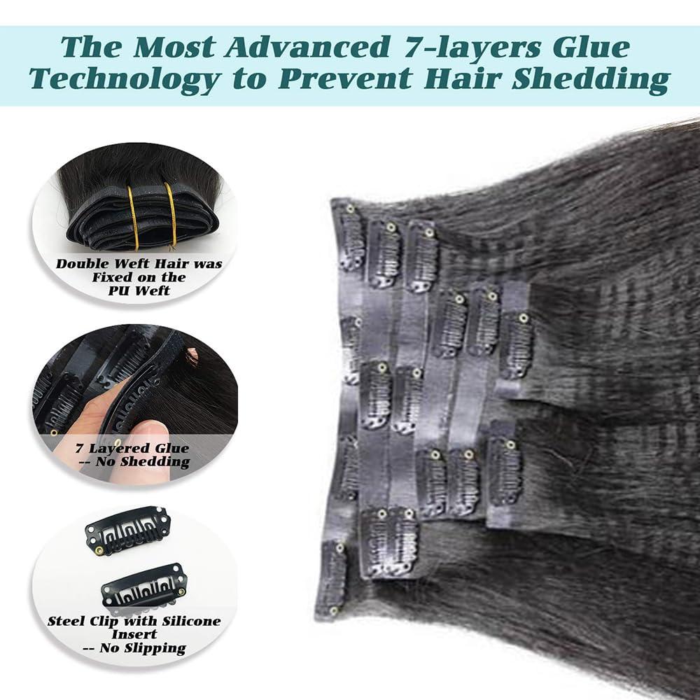 YOUNG BEAUTY Yaki Straight Clip ins Hair Extensions Seamless PU Clip In Human Hair Extensions Invisible PU Skin Weft Virgin Hair Natural Color 14inch 120g 7pcs/Set