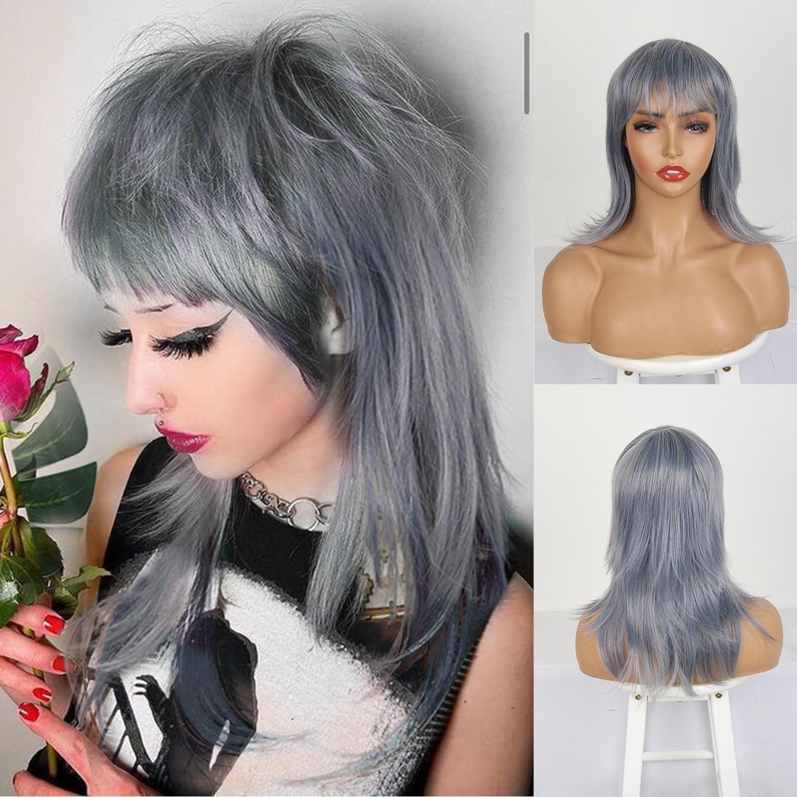 CINHOO CINHOO 14inch Modern Mullet Wig Styles for Women Shaggy Layered Gray Ombre Wig with Light Blue Highlights Straight Wolf Cut Bob Wig with Bangs Synthetic Short Pixie Cut Wig for Women(Gray mix Blue
