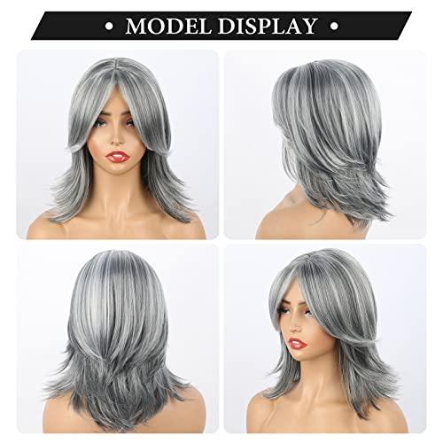 Liyouda Liyouda Short Gray Wigs for White Women Should Length Grey Layered Wigs, 14inch Grey Wig Wavy Curtain Bangs Wig Silver Gray Wigs for Black Women Synthetic Light Gray Wigs for Older Women