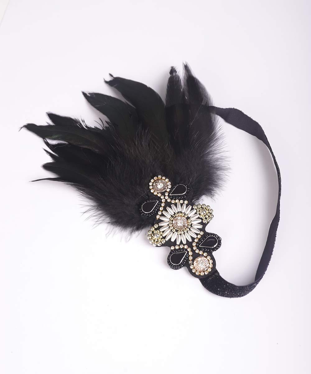 Aimimier Aimimier 1920s Flapper Feather Headband Black Beaded Crystal Headpiece with Elastic Band Costume Hair Accessories for Women