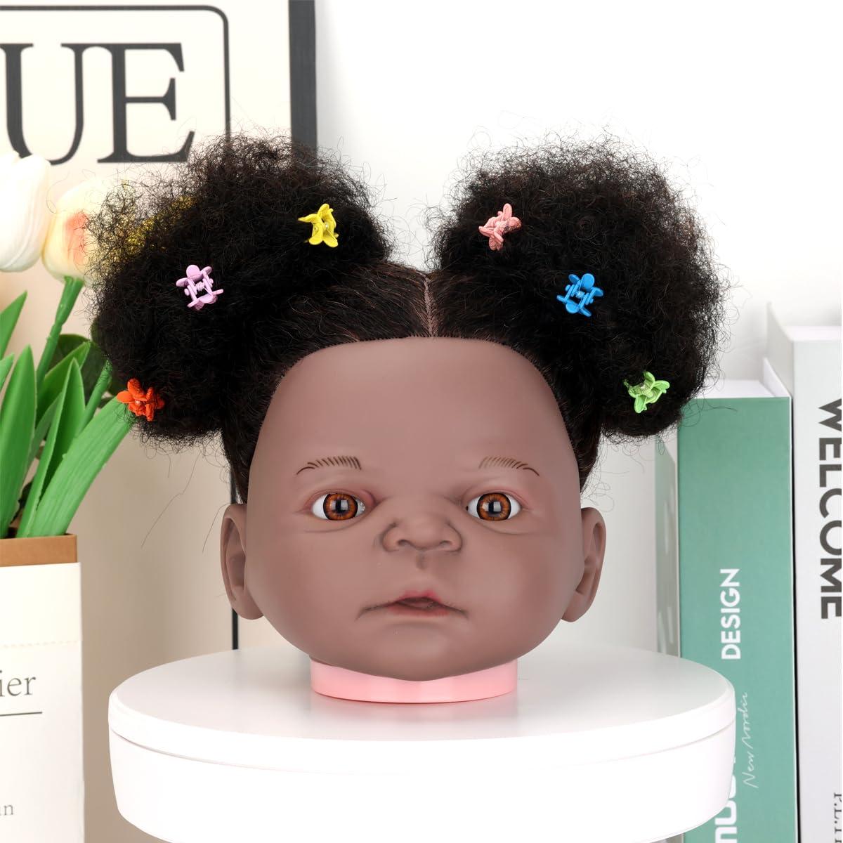 poipoilu Mannequin Head African with Hair 90% Human Hair Cosmetology Mannequin Head Doll Head for Babay and New Mom, Manikin doll to do hair for little girls and Practice Training Braiding (Afro-Black)