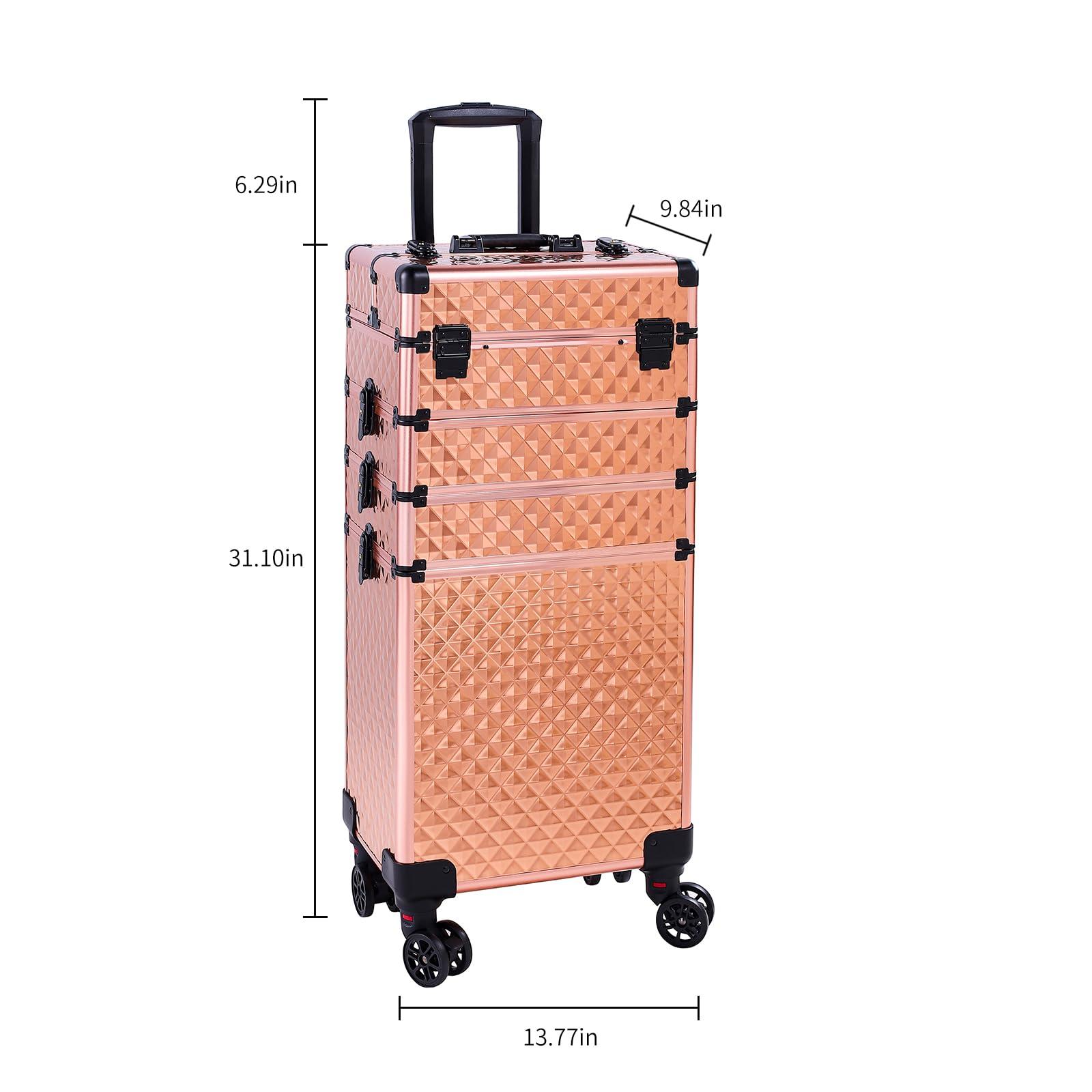 Algasan 4-in-1 Rose Gold Makeup Train Case, Draw-bar Style Interchangeable Aluminum Rolling Makeup Case- (13.78 x 9.84 x 29.53)" (L x W x H)