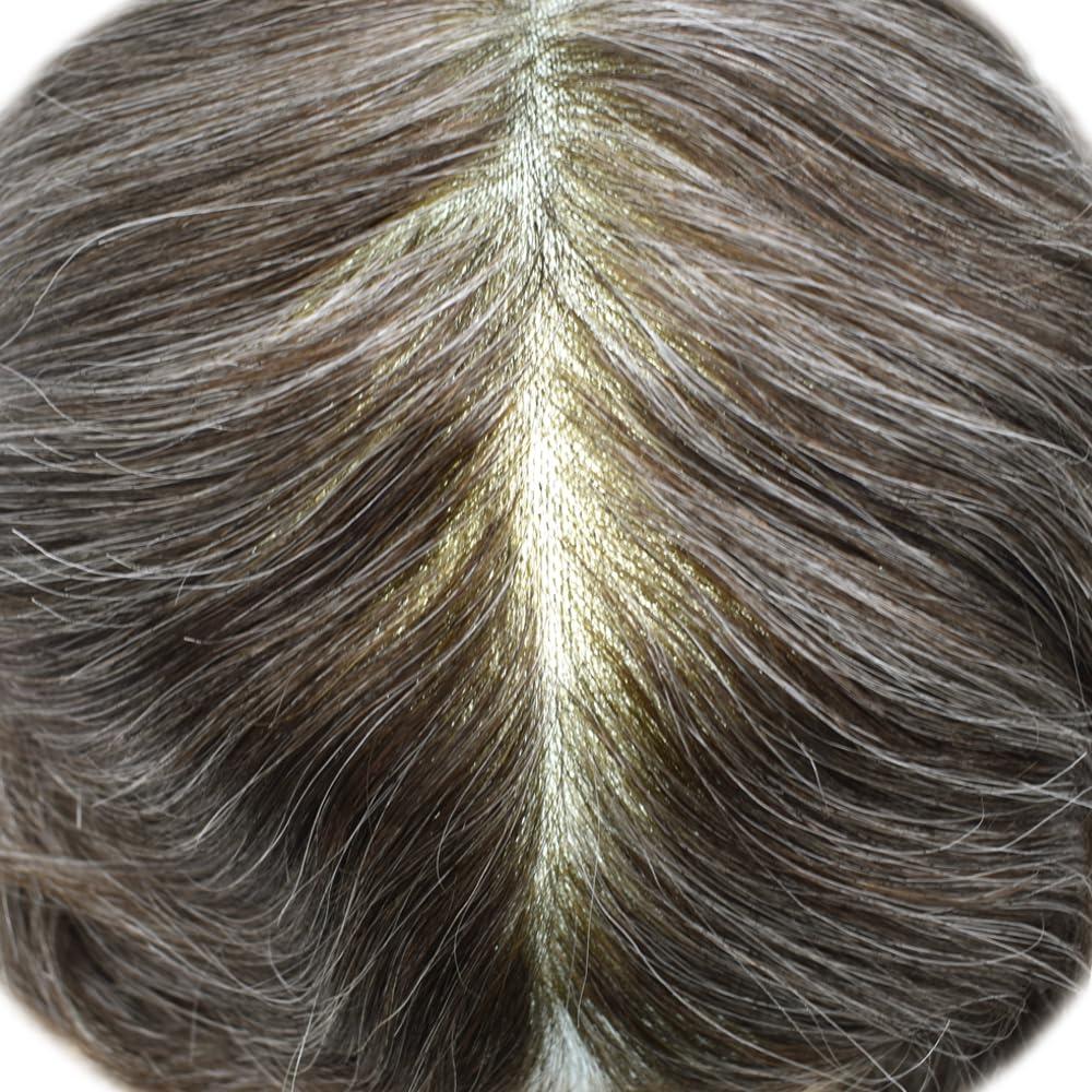 Generic Toupee for Men Hair Replacement System All Poly Mens Toupee Human Hair Units Skin PU Mens Hair Piece Grey Black Brown Patch Wigs (#340 3# DARK BROWN WITH 40% SYNTHETIC GREY)