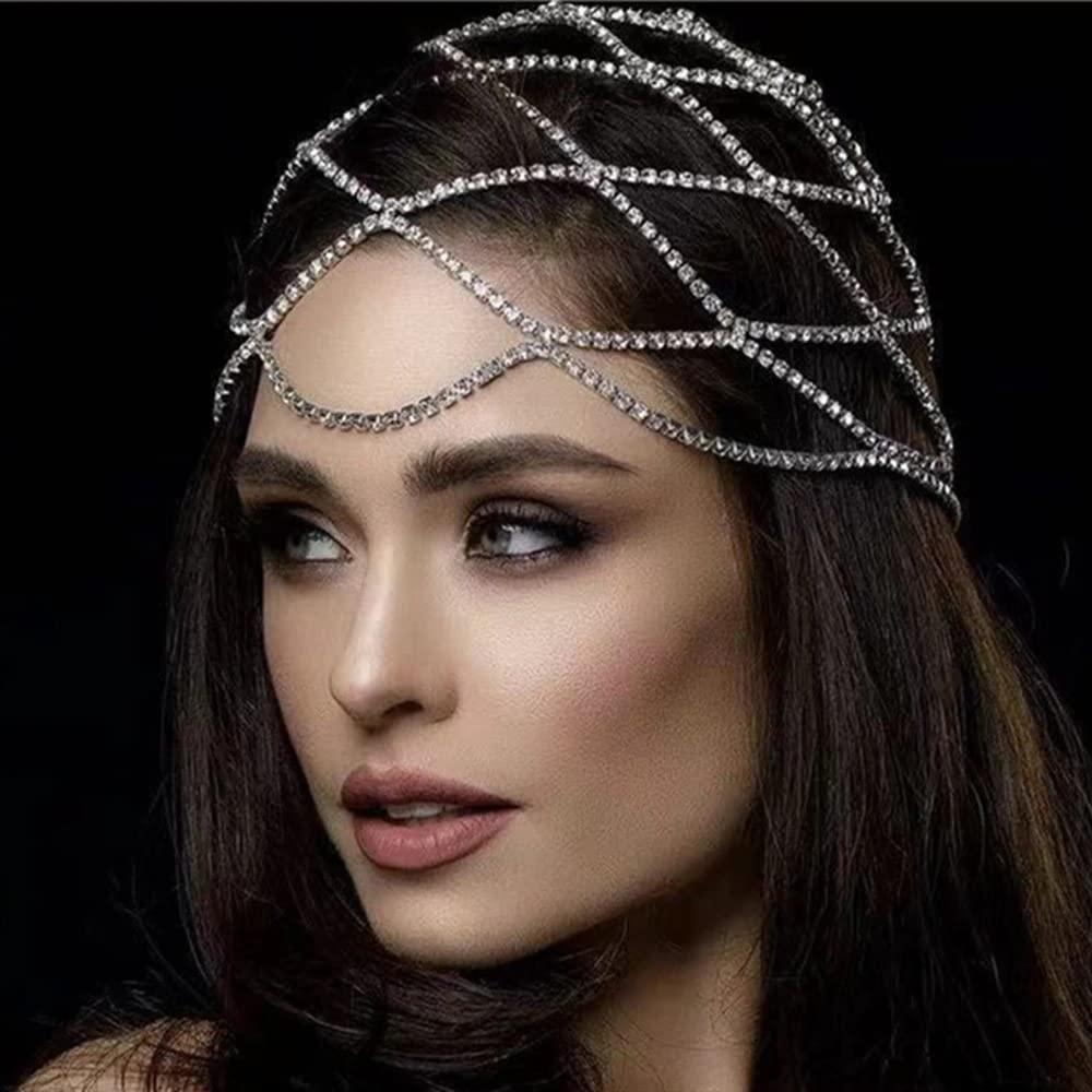 Xerling Xerling Rhinestones Tassel Cap Headpiece 1920s Flapper Head Chain Bridal Hair Accessories Silver Crystal Cleopatra Head Jewelry for Women (Type C Silver)