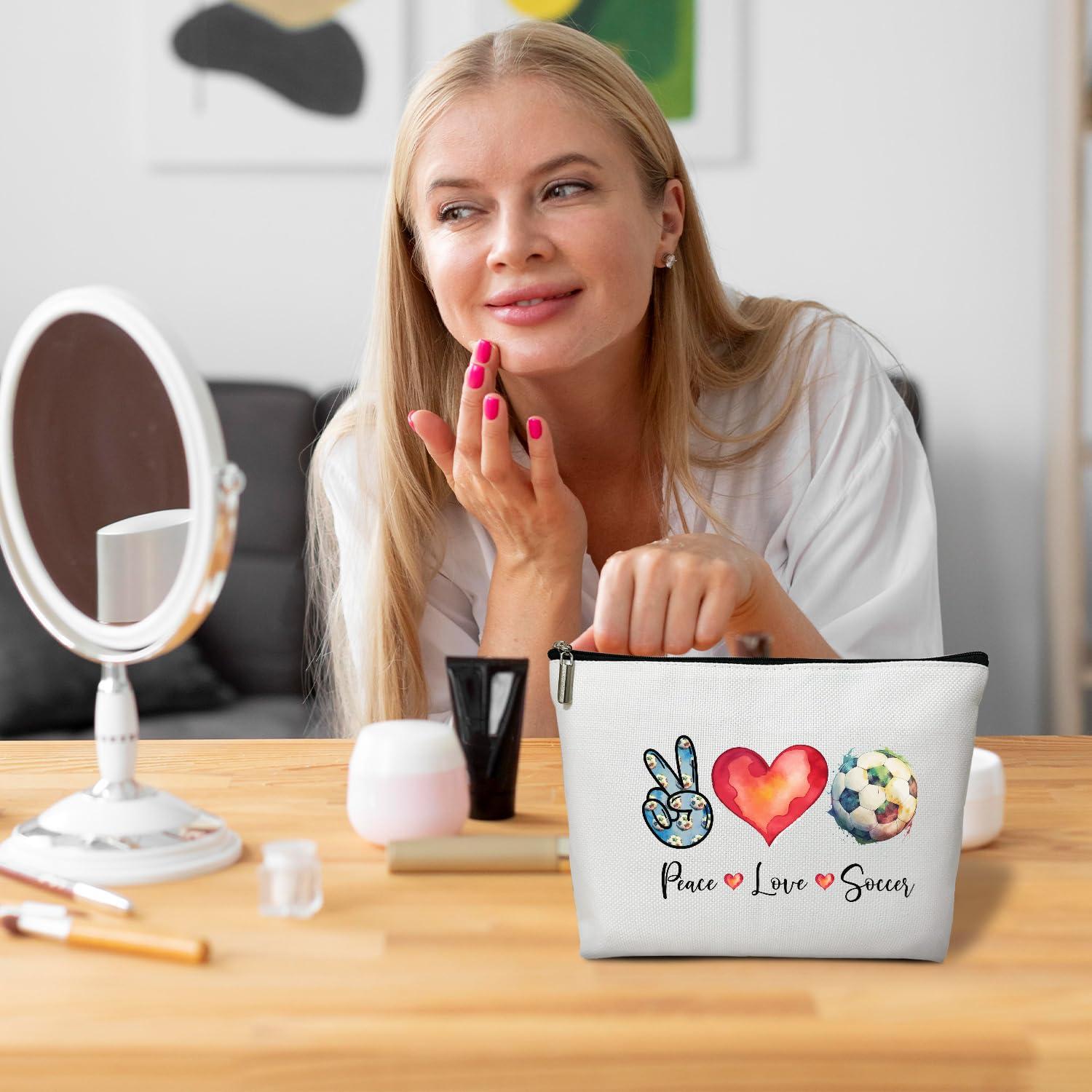 Ziyouza Makeup Bag, Football Makeup Organizer Bag, Peace Love Soccer, Portable Toiletry Makeup Pouch, Storage Makeup Zipper Bag, Appreciation Sport Soccer Lover Gift for Women Mentor Coach -13