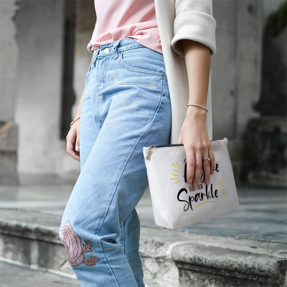 GevGuxLuo Inspirational Quote Gift for Women -Birthday Graduation Gift for Best Friend Sister -Makeup Bag Gift -Never Let Anyone Dull Your Sparkle