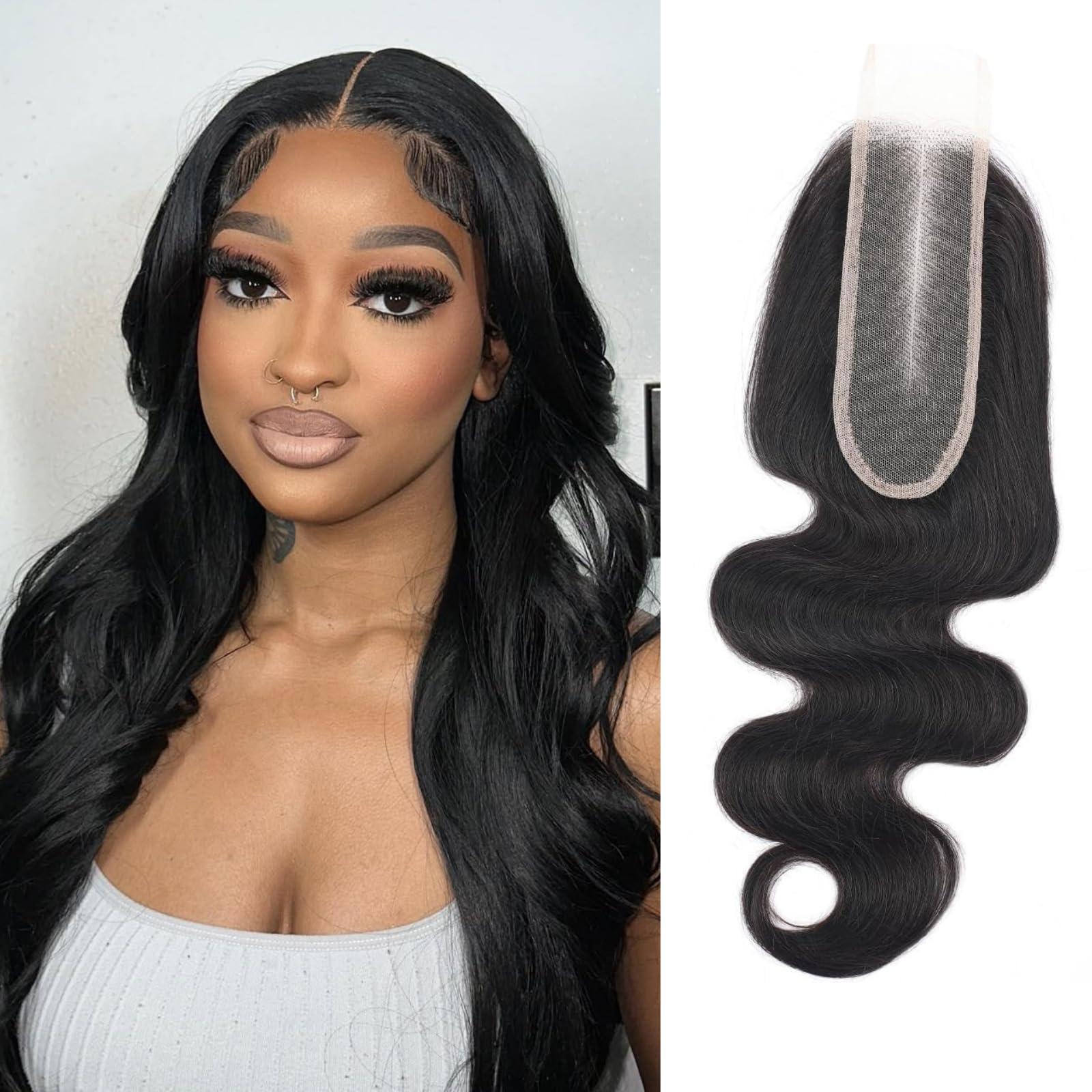 MOMOSHERO MOMOSHERO 2x6 HD Lace Closure Only 20 Inch Body Wave Human Hair, Pre Plucked Closure Sew In 2 by 6 Lace Closure Middle Part 100% Brazilian Virgin Human Hair Unprocessed 2x6 Kim K Closure Natural Black