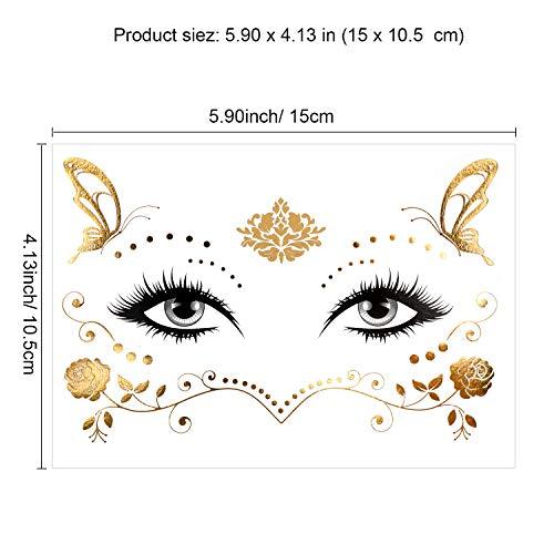 Konsait Konsait 8 Sheets Face Tattoo Sticker Metallic Temporary Transfer Tattoo Waterproof Face Jewels for Women Girls Make Up Dancer Costume Parties, Shimmer Glitter Gold Tattoos,Butterfly Star Freckle Scale